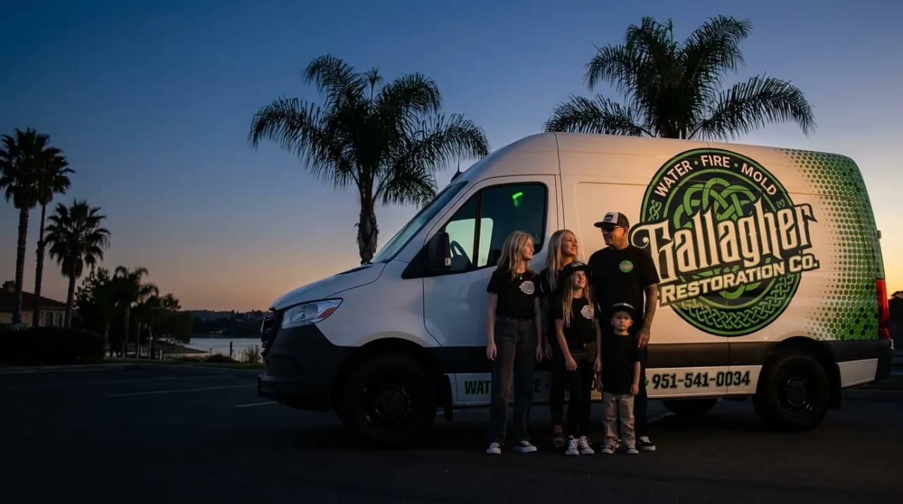 The Gallagher family in front of a Gallagher Restoration service van at dusk