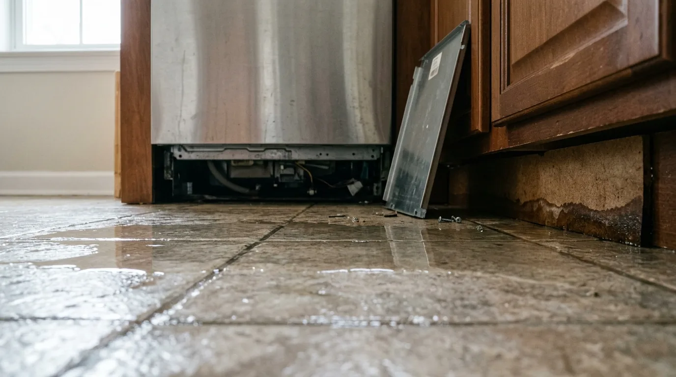 Water pooling on a kitchen floor at the base of a dishwasher in a Southern California home