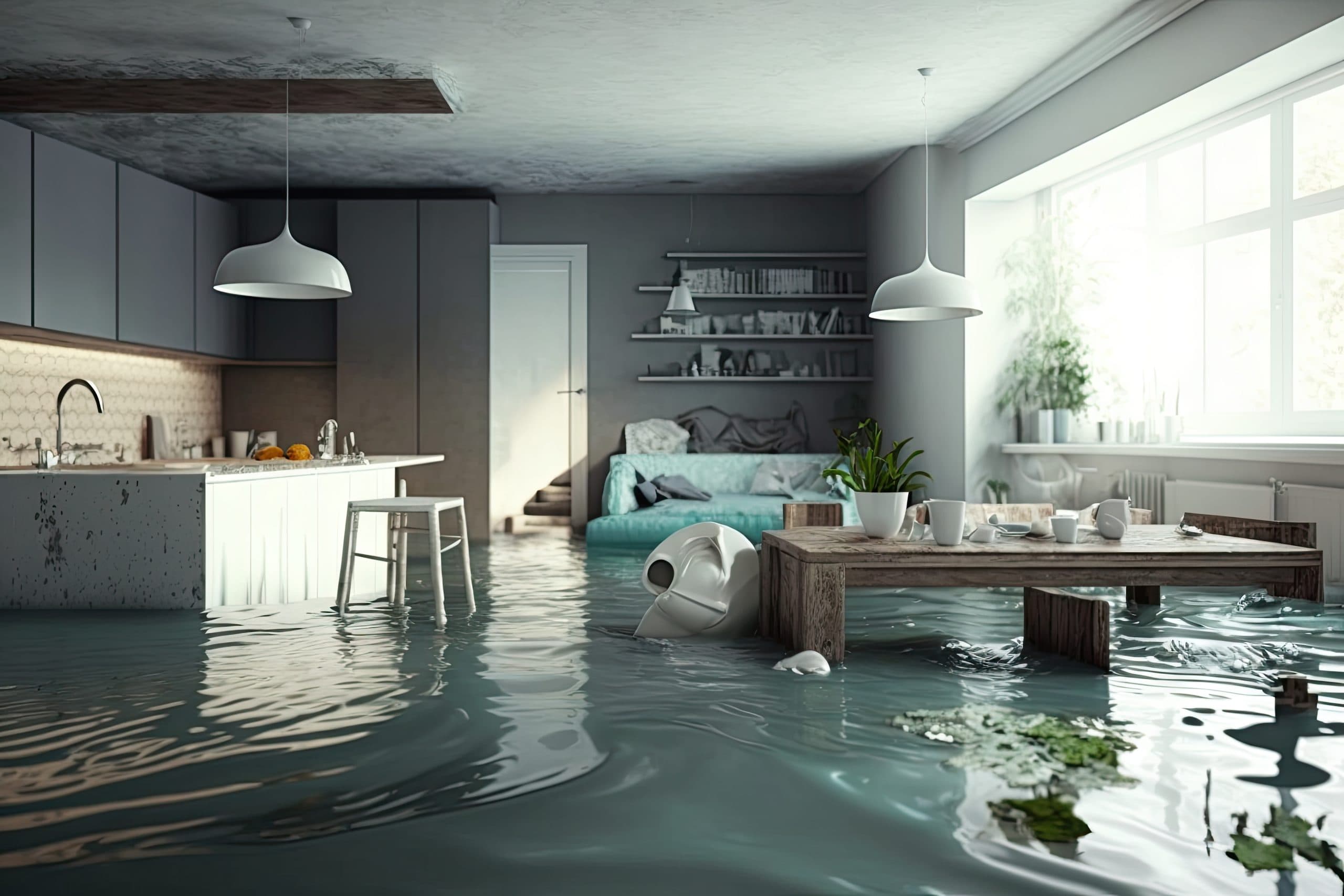 Water pooled across the floor of a flooded Southern California home interior