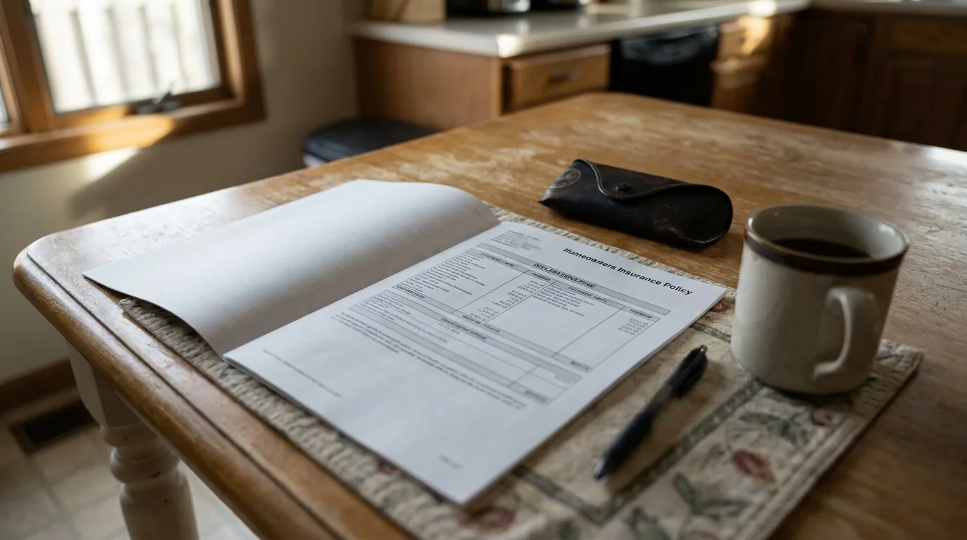 Homeowners insurance policy packet open on a kitchen table beside a pen and a coffee mug