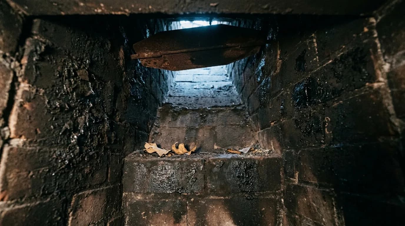 Interior of a residential masonry fireplace flue showing creosote buildup above the damper
