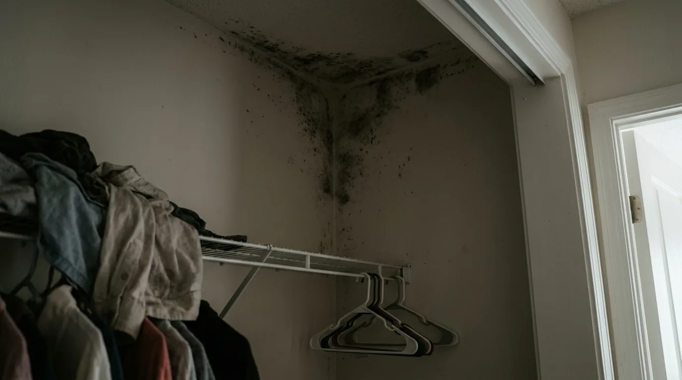 Mold growth in the corner of a closet on an exterior wall in a coastal Southern California home
