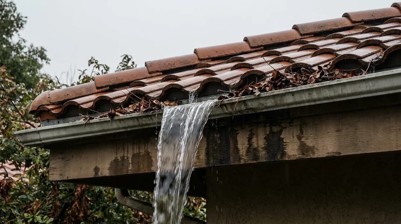 Rainwater running along the edge of a Southern California tile roof and overflowing a debris-filled gutter