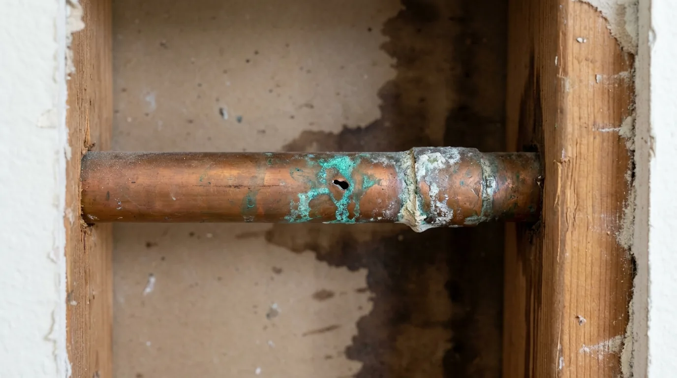 Corroded copper water supply pipe with mineral staining in a residential wall cavity