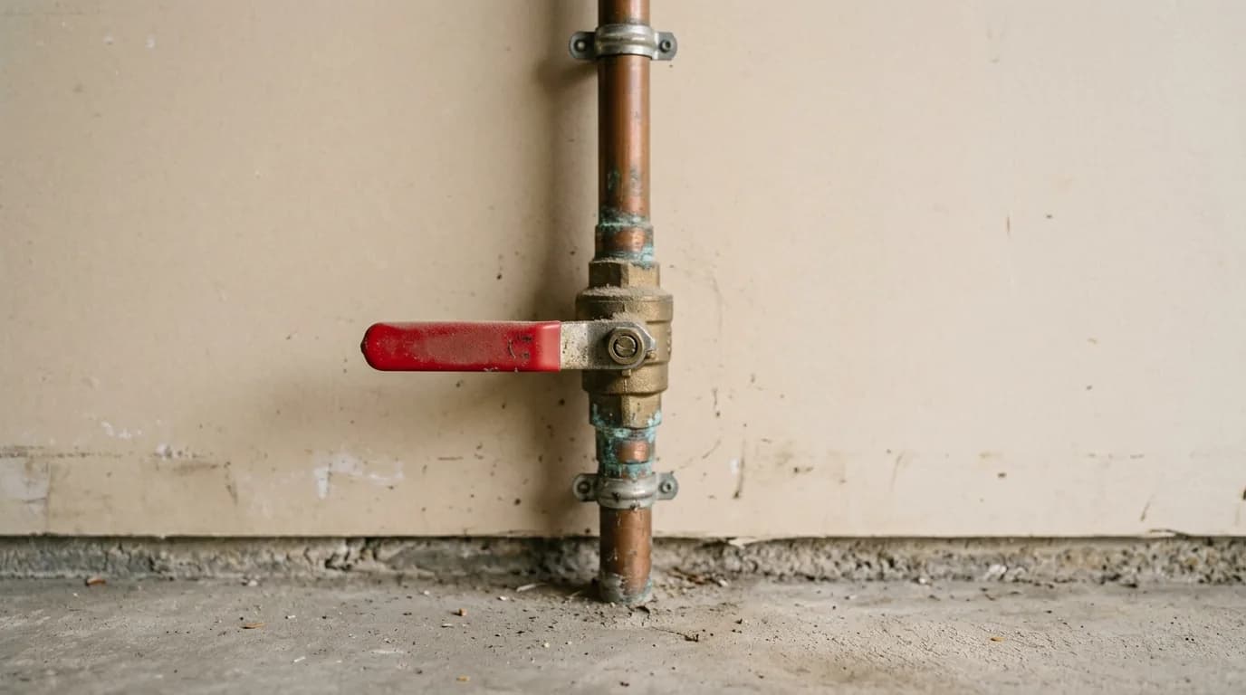 Residential main water shut-off valve on copper pipe with the lever handle turned to the closed position