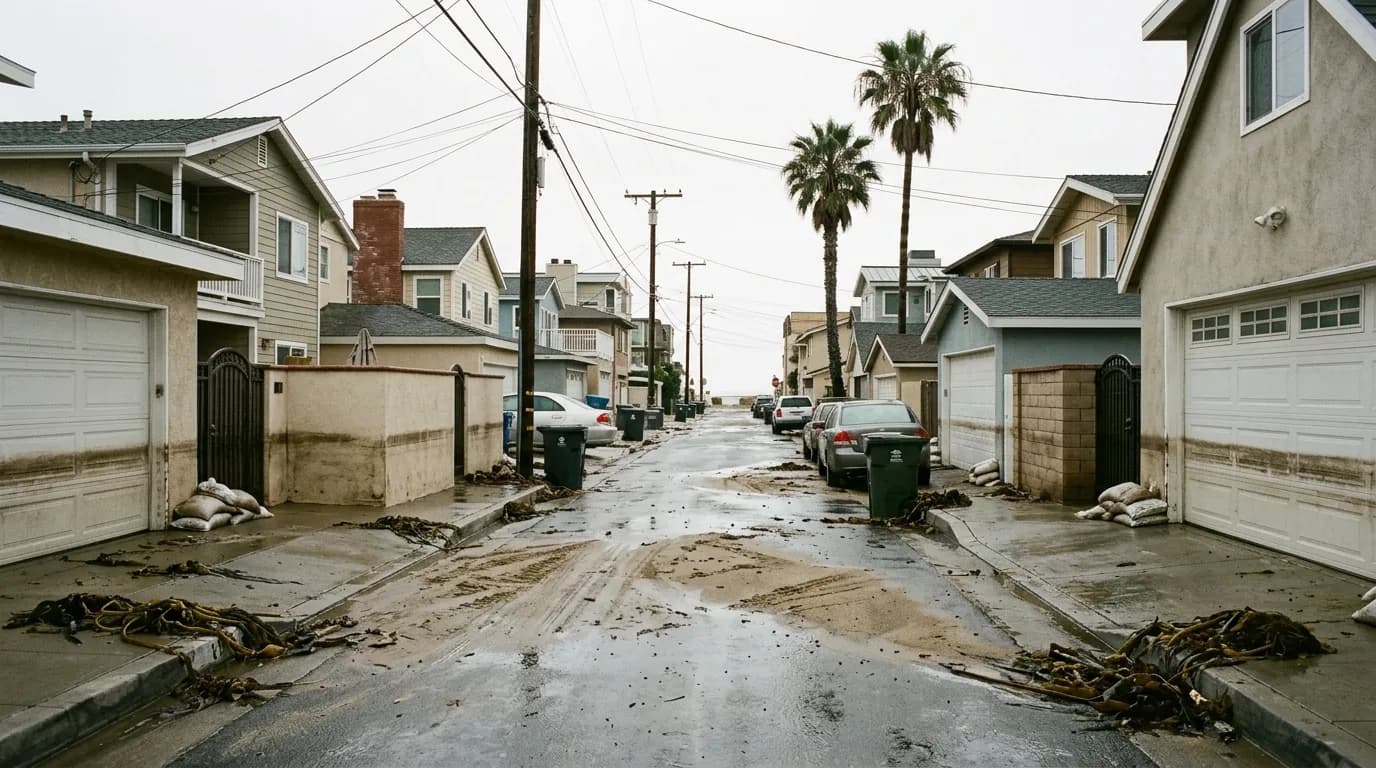 Wet sand and storm debris left across a coastal Southern California residential street after tidal flooding