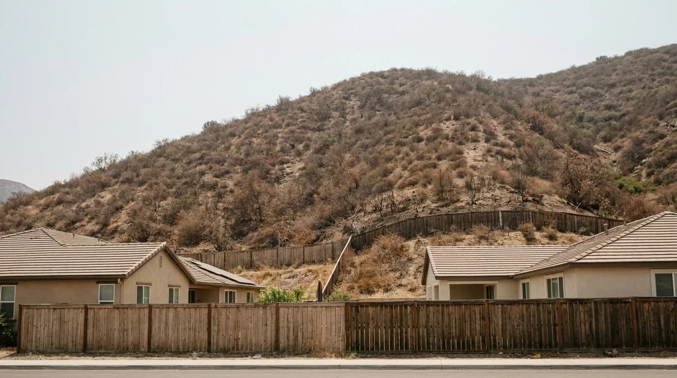 Dry Southern California hillside above a residential neighborhood during Santa Ana wind conditions