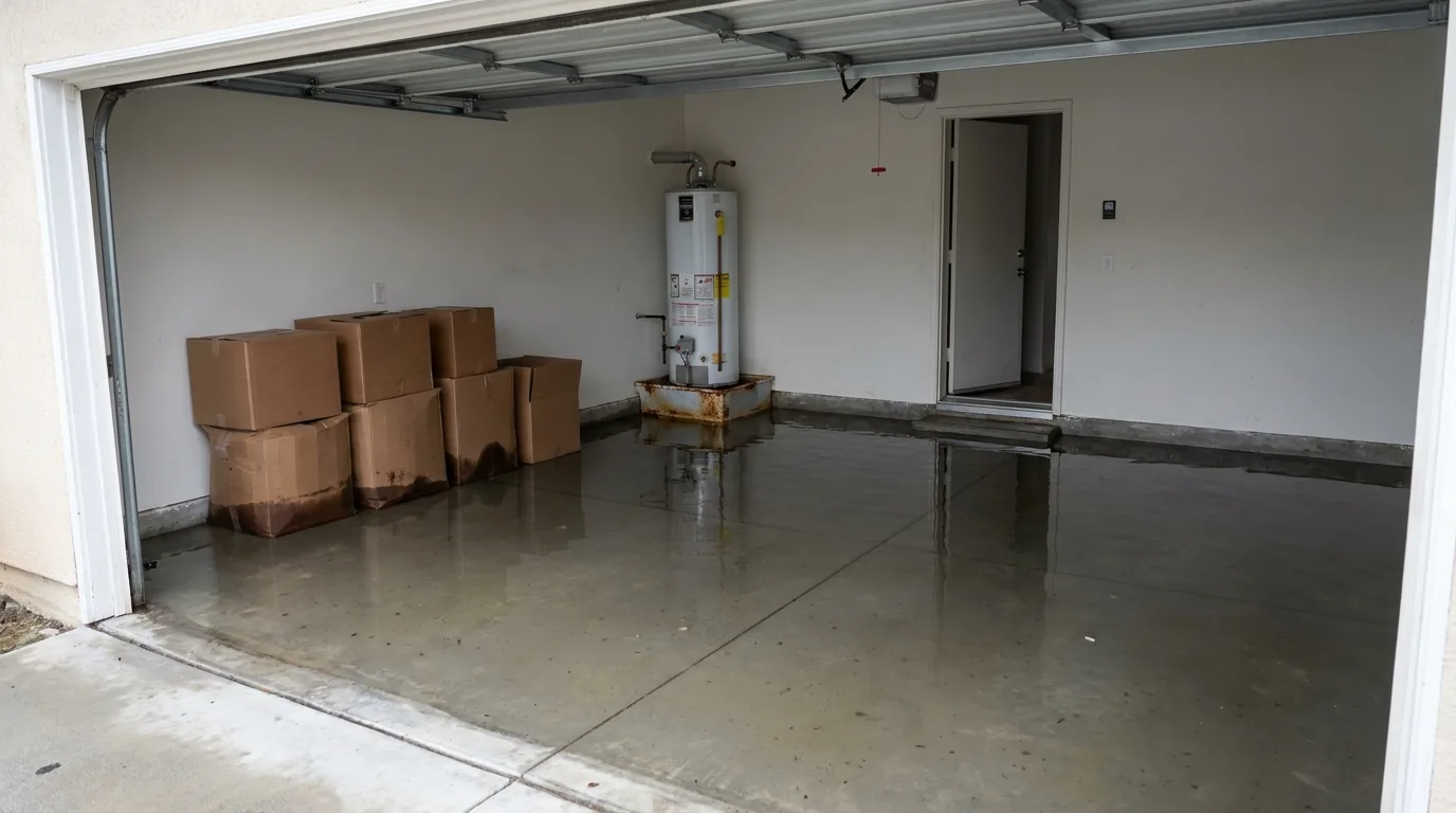 Standing water across a garage floor from a failed residential tank water heater