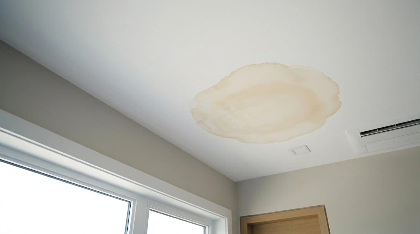 Ceiling water damage staining and sagging drywall in a home