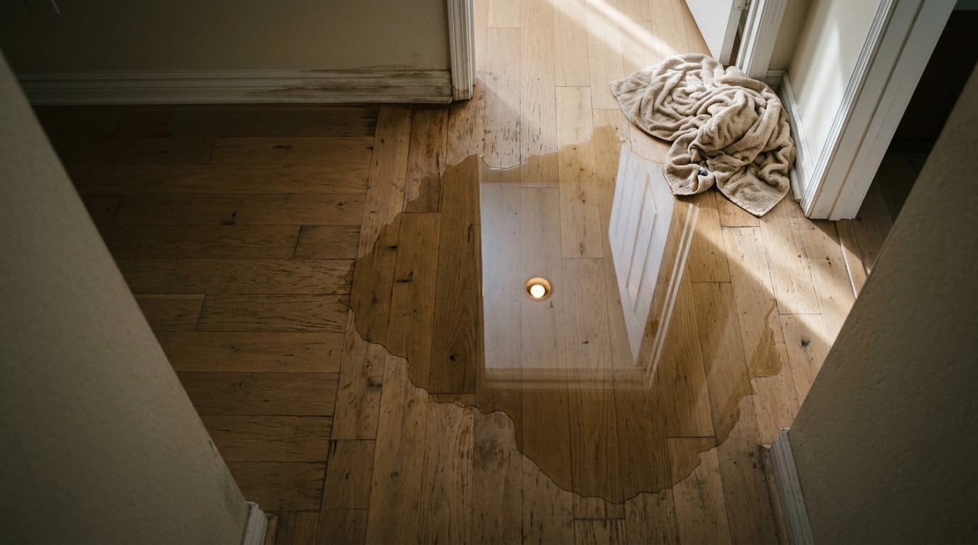Restoration technician checking flooring for moisture from a suspected slab leak