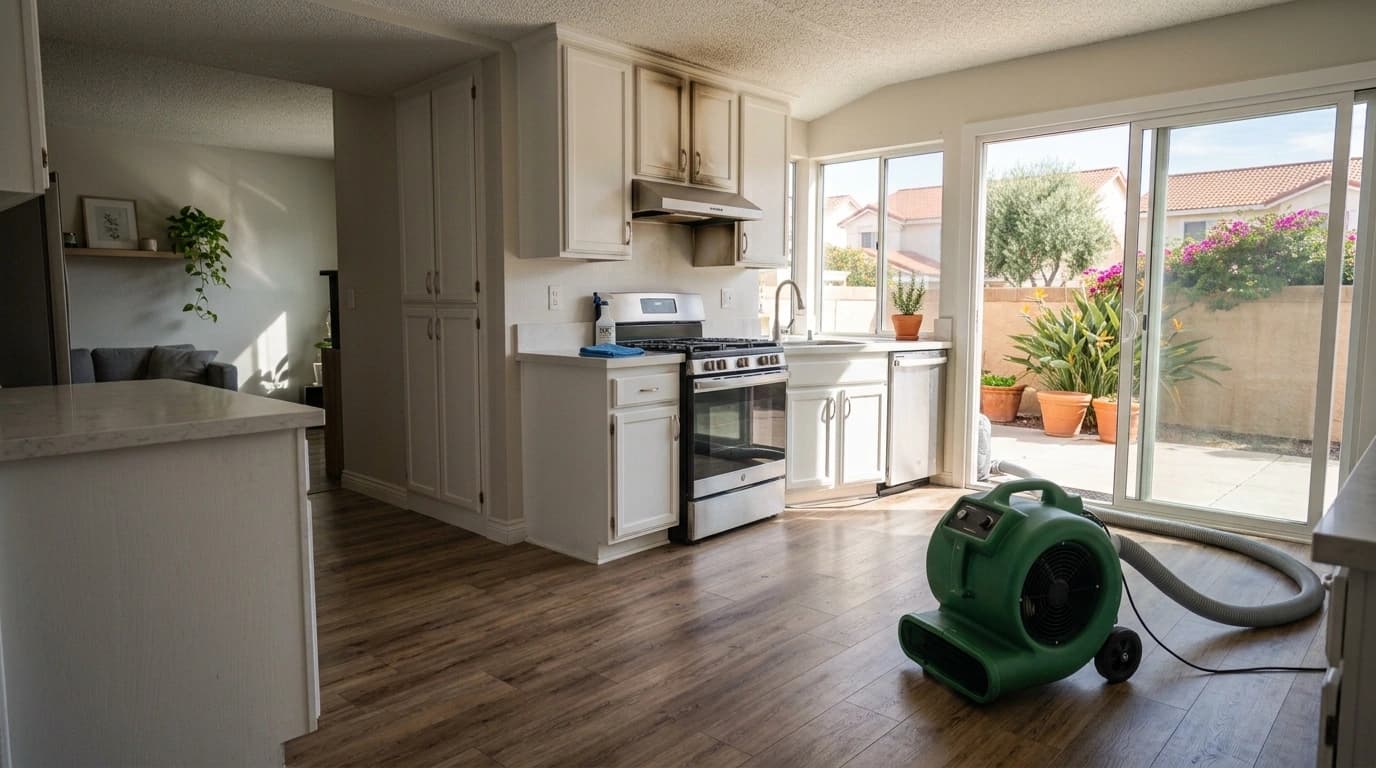 Fire-damaged residential interior awaiting restoration and board-up in Southern California