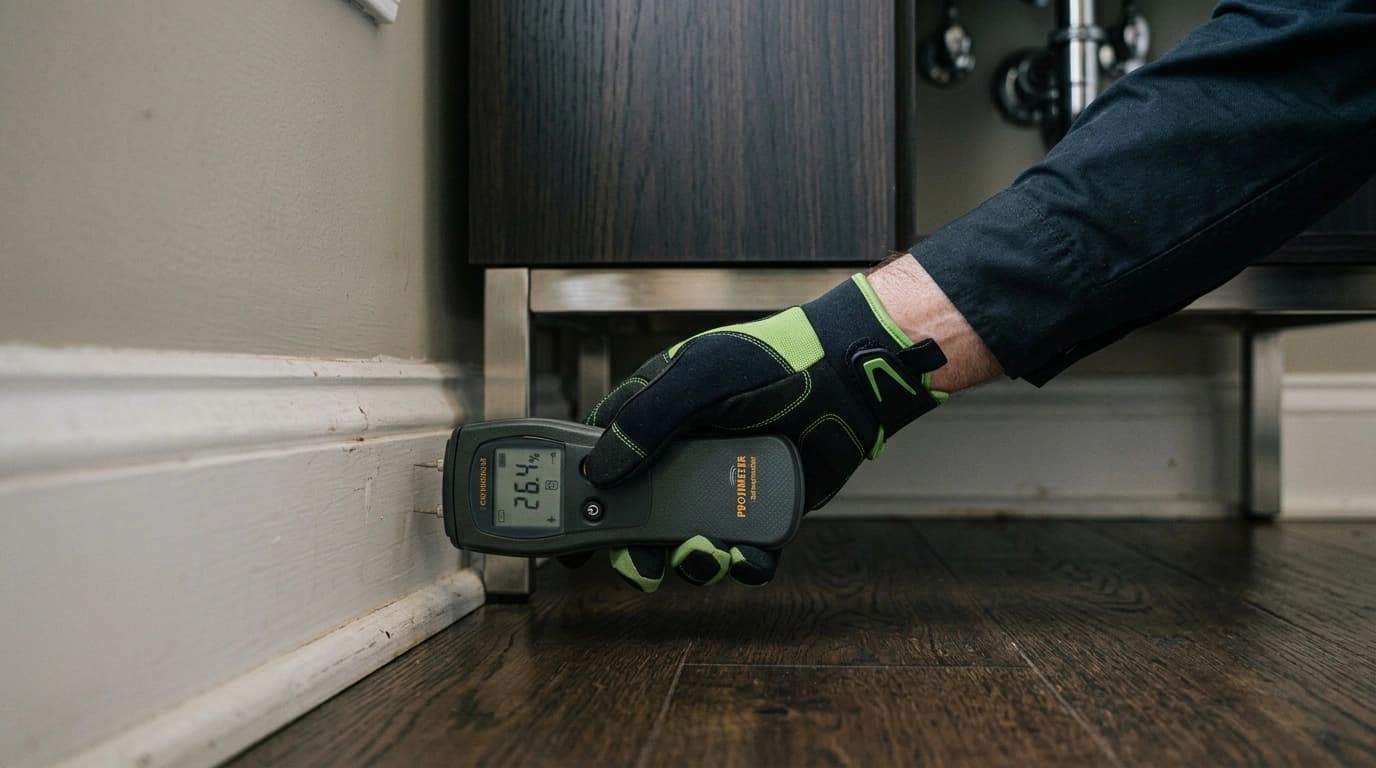 Technician using a moisture meter to check for hidden mold inside a wall cavity