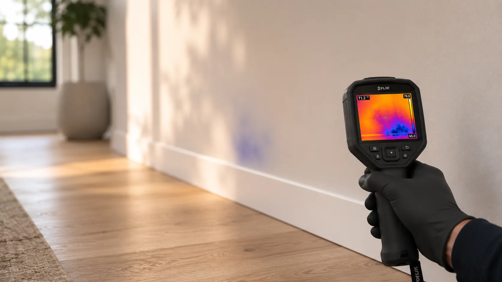 Thermal imaging camera revealing hidden moisture behind a residential wall during mold testing