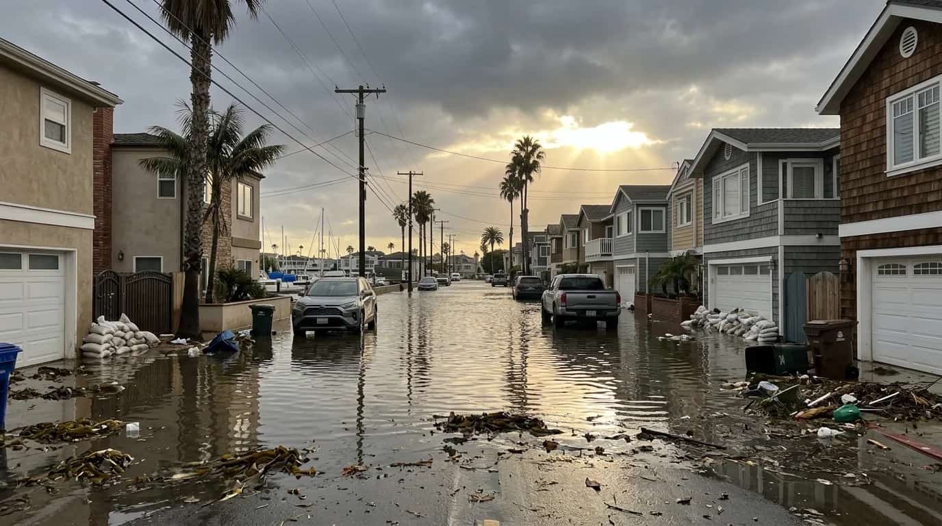 A flooded coastal residential street at sunrise — seawater standing over the roadway, sandbags stacked against garage doors, and kelp and storm debris washed up across the pavement