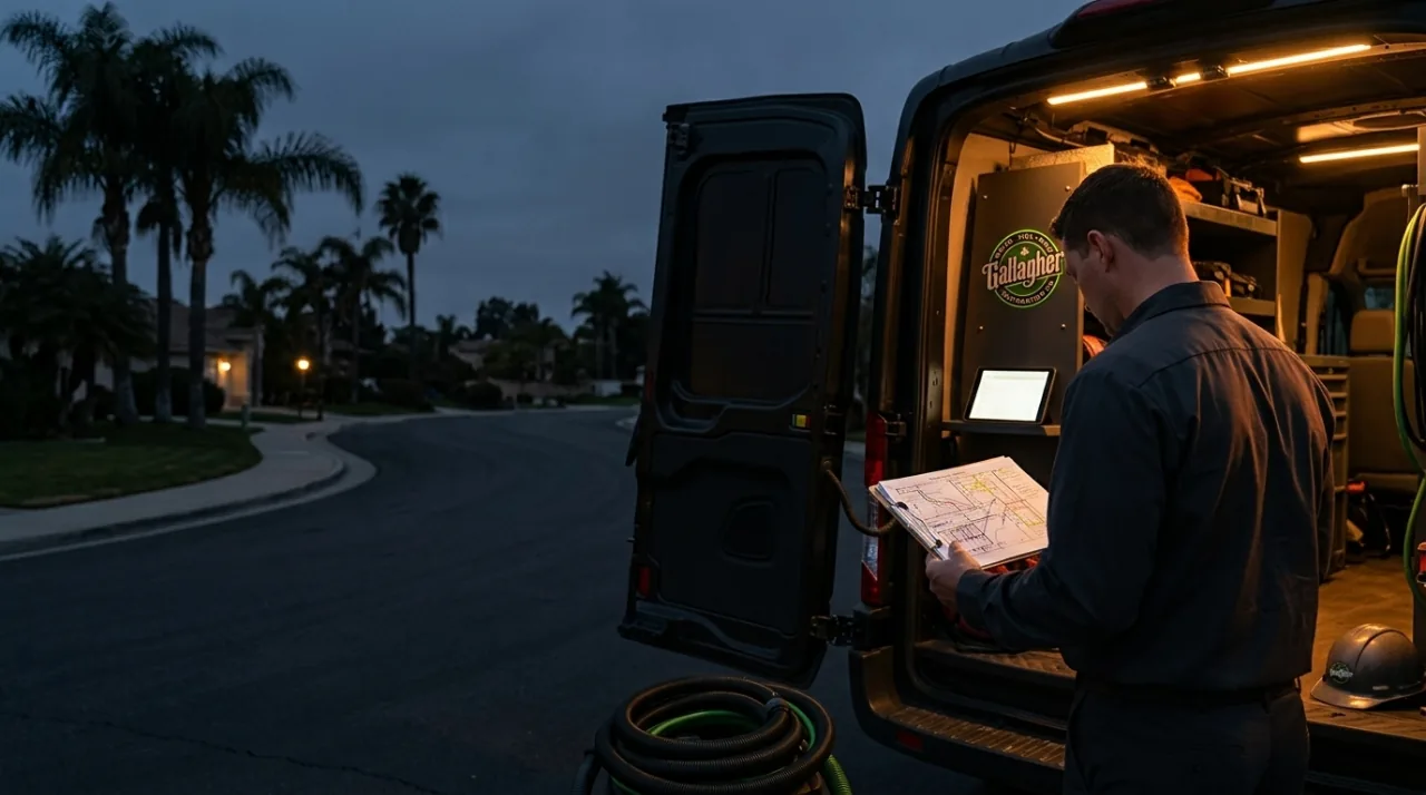 Gallagher Restoration crew member reviewing damage documentation at dusk