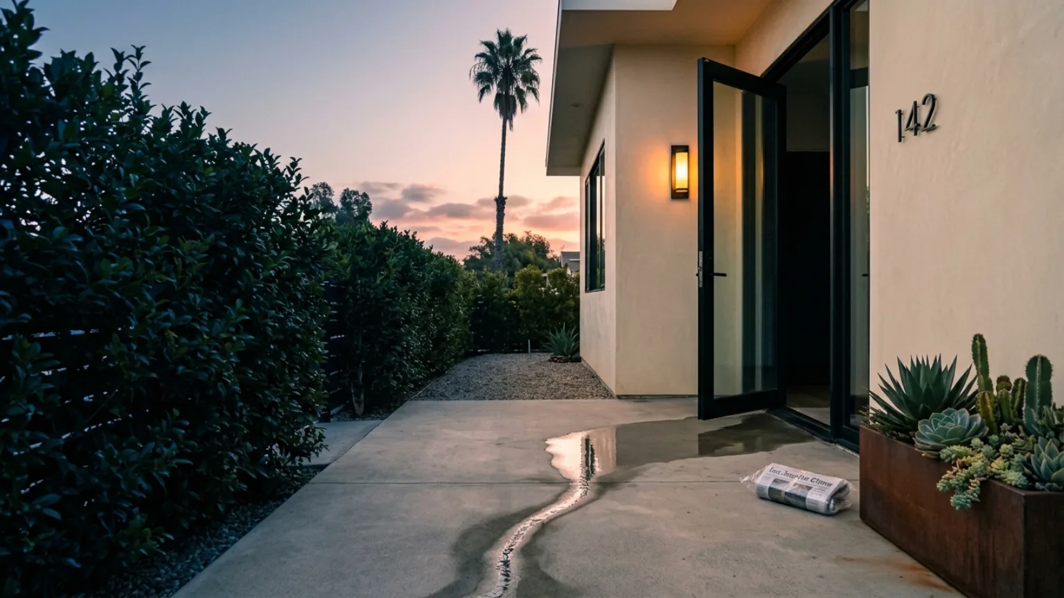 Modern Southern California home entry at dawn with water seeping from a burst interior pipe