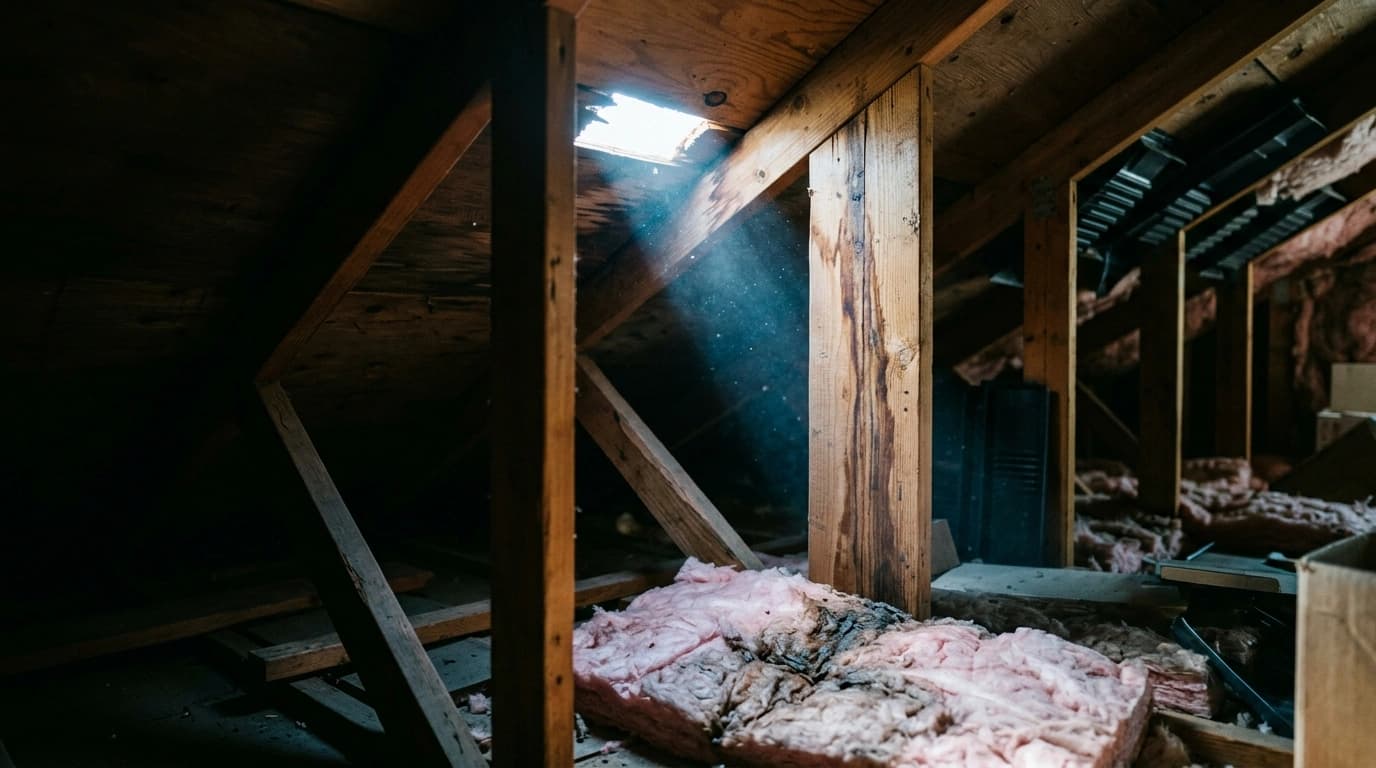 Roof water damage and interior leak on a Southern California home
