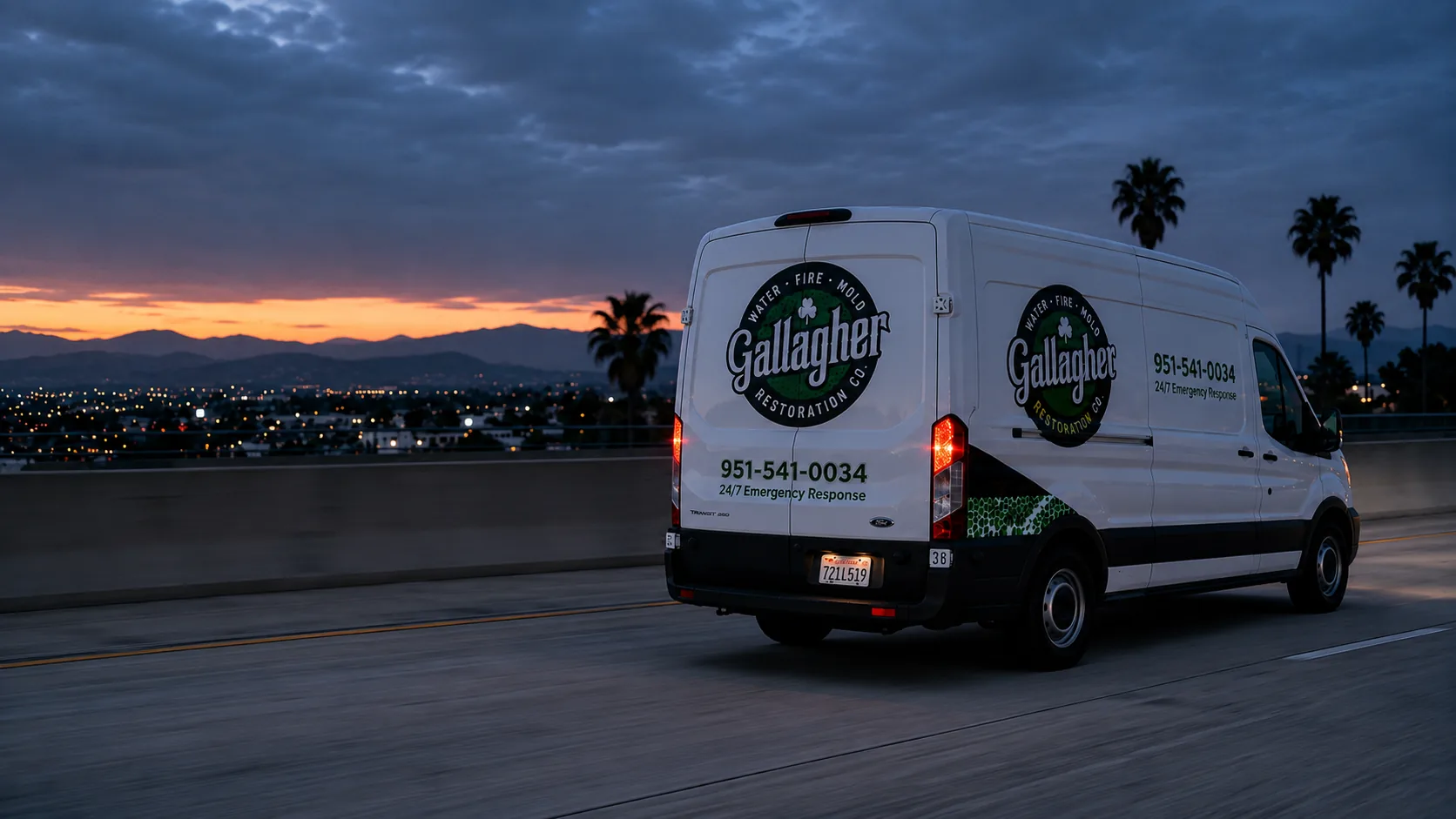 Gallagher Restoration fleet lined up at Canyon Lake headquarters at dusk