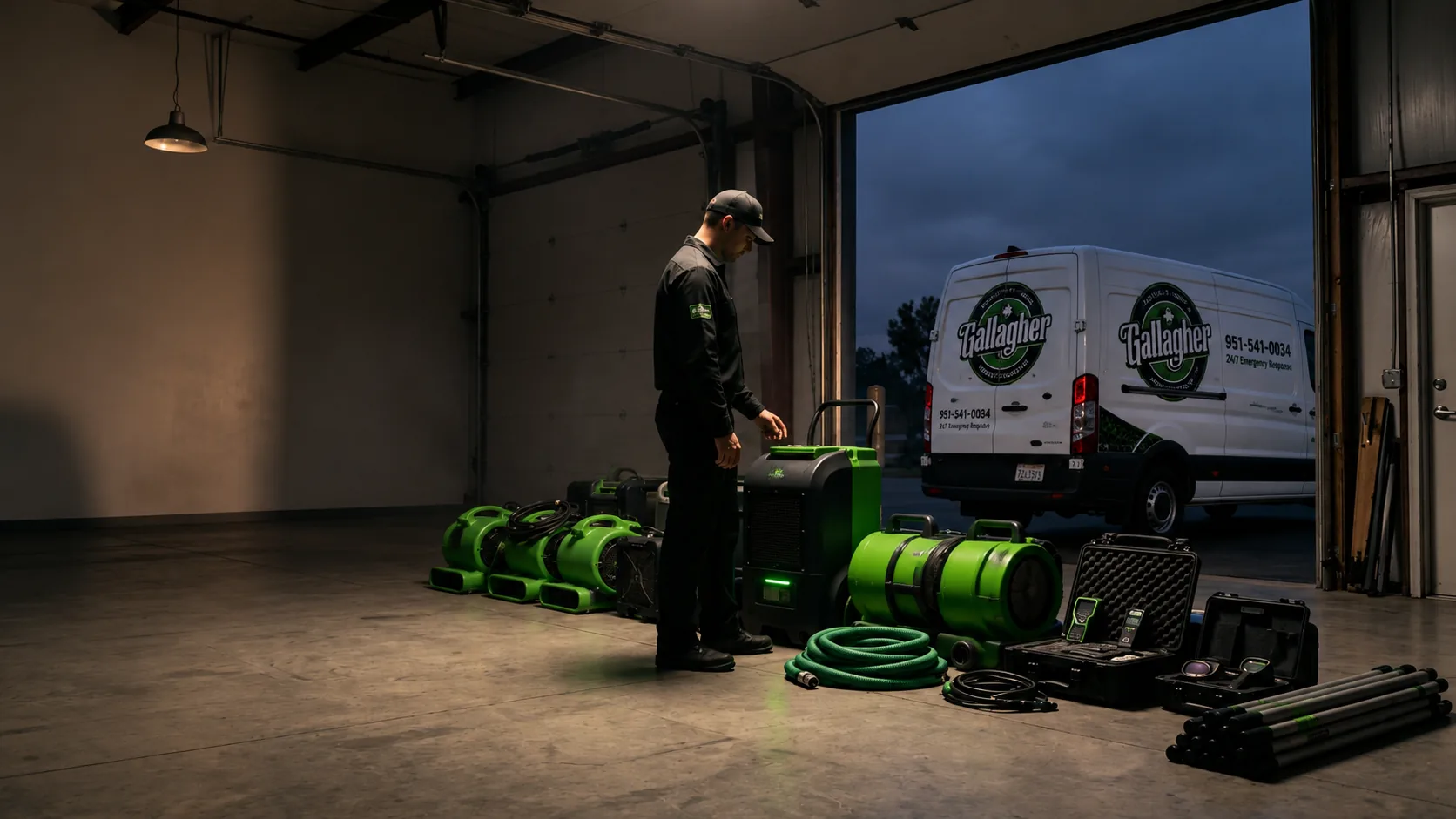 Gallagher Restoration staging bay with service van and restoration equipment at dusk