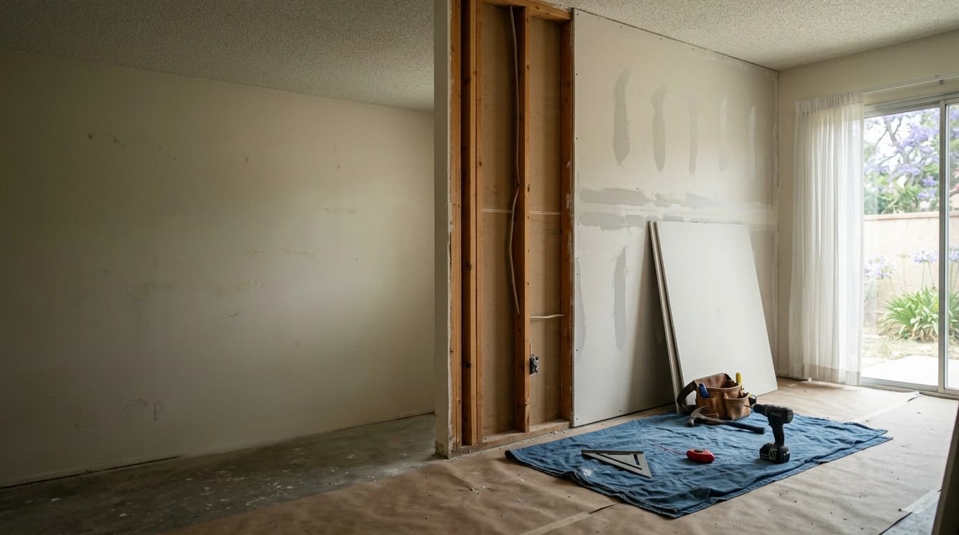 Water damage repair in progress inside a residential interior