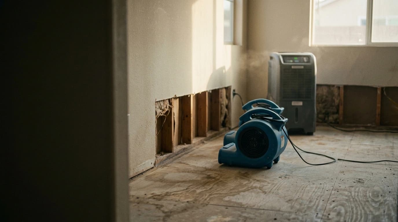 Air movers and a dehumidifier running during structural drying in a Southern California home